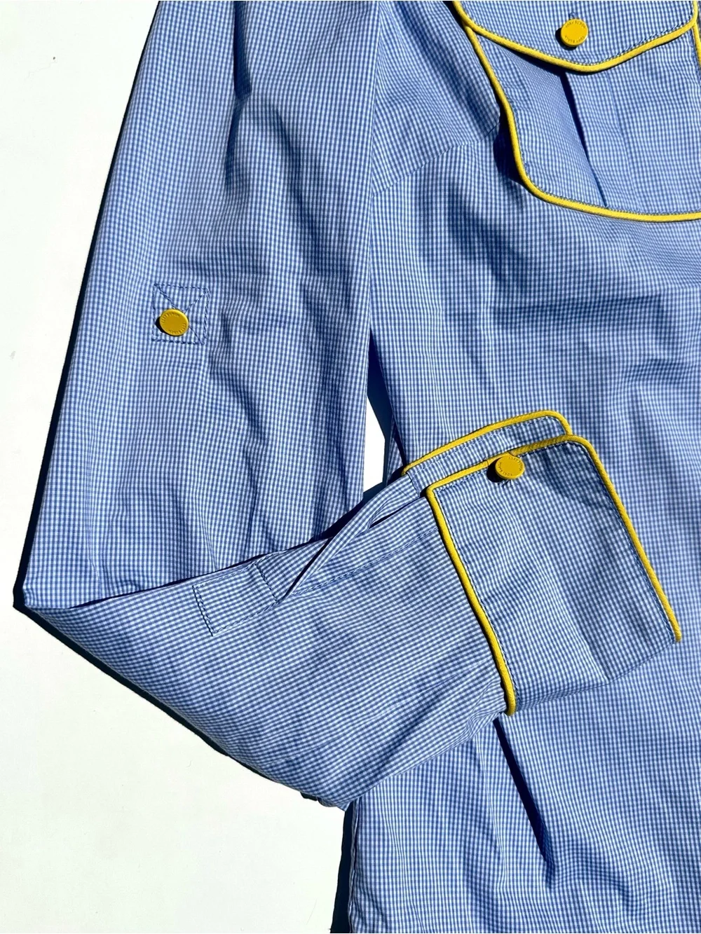 Tory Burch Blue Gingham Stretch Cotton Fitted Shirt Blouse, Silk Yellow Piping 4